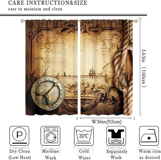 Pirate Map Curtains, Nautical Theme Old Ancient Treasure Map Secret Sea History Pattern Blackout Window Drapes for Kids Boys Bedroom Living Room 72x63in
