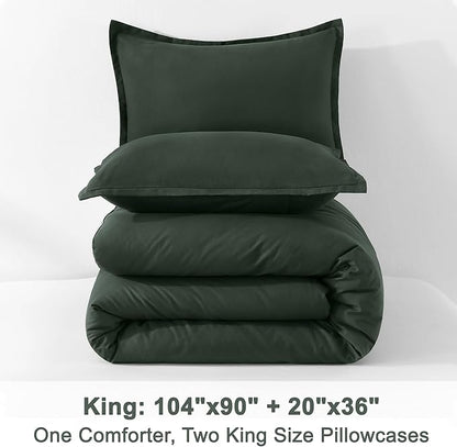 Litanika Forest Green Comforter King Size, 3 Pieces Lightweight Solid Bedding Comforter Set, All Season Fluffy Bed Set (104x90In Comforter & 2 Pillowcases)