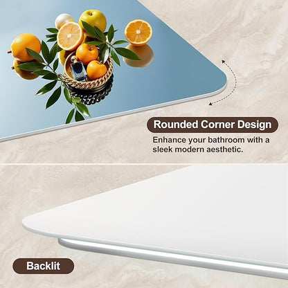 48''x30'' Lighted Mirrors for Bathroom Wall Backlit Rectangular Rounded Corners, LED Bathroom Mirror Frameless with Lights Anti Fog, Dimmable, 3 Colors,Tempered Glass, Shatter-Proof