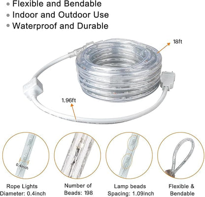 SURNIE Rope Lights Outdoor Waterproof Daylight White: LED 18FT Cuttable Outside Bright 110V Lighting 6000K Flexible Cool Clear Tube, Indoor Deck Patio Xmas Camping Decor, Not Flat Strip