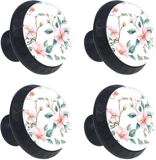 4 Pack 1.37" Dresser Drawer Knobs, Round Crystal Glass Cabinet Pulls with Screws for Kitchen, Bathroom, Nursery Nursery Kids Room (Pink Flowers with Green Leaves Branches)