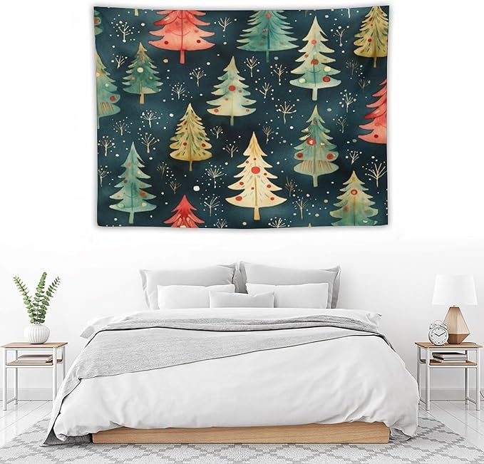 Vintage Christmas Tree Watercolor Tapestry As Wall Art Winter Christmas Tapestry for Bedroom Aesthetic Landscape Tapestry Wall Hanging for Dorm Living Room 30"x40" Christmas Family Party