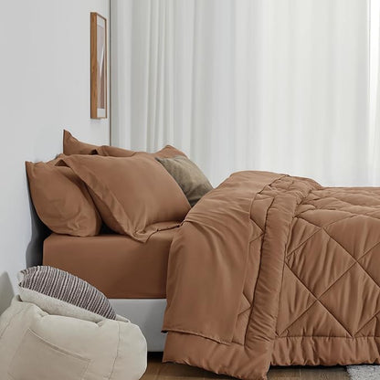 Love's cabin King Size Comforter Set Mocha Mousse, 7 Pieces King Bed in a Bag, All Season Bedding Sets with 1 Comforter, 1 Flat Sheet, 1 Fitted Sheet, 2 Pillowcase and 2 Pillow Sham
