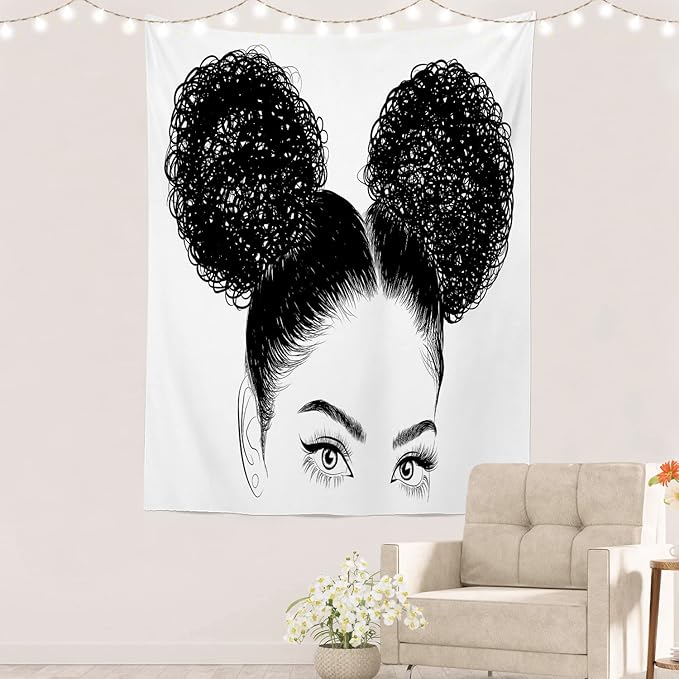 Batmerry Black American Afro Tapestry, White Graphic Woman Wall Art Hanging Decoration Polyester Fiber White Ruffled Around for Dorm Room Bedroom Living Room, 59.1x39.4 inches