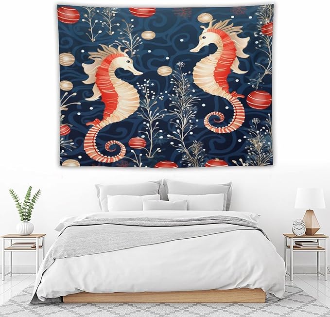 MaSiledy Seahorse Christmas Kiss Beach Tapestry As Wall Art Coastal Nautical Vintage Aesthetic Tapestry Wall Hanging Landscape Tapestry Wall Decor for Bedroom Living Room Dorm 60"x80"