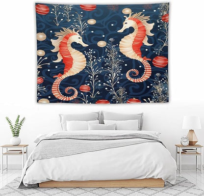 MaSiledy Seahorse Christmas Kiss Beach Tapestry As Wall Art Coastal Nautical Vintage Aesthetic Tapestry Wall Hanging Landscape Tapestry Wall Decor for Bedroom Living Room Dorm 60"x80"