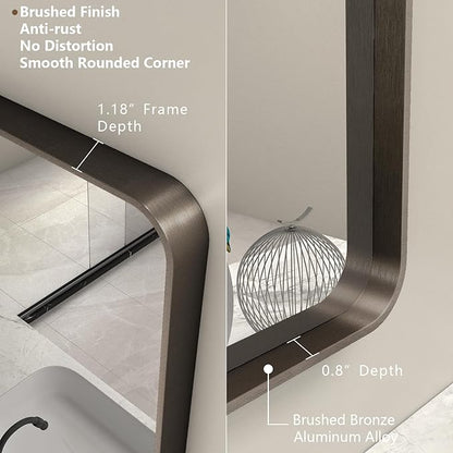 Bronze Bathroom Mirror for Wall, 55x30 Large Brushed Bronze Vanity Mirror for Bathroom, Rounded Rectangle Mirror, Anti-Rust, Shatterproof (Horizontal/Vertical)