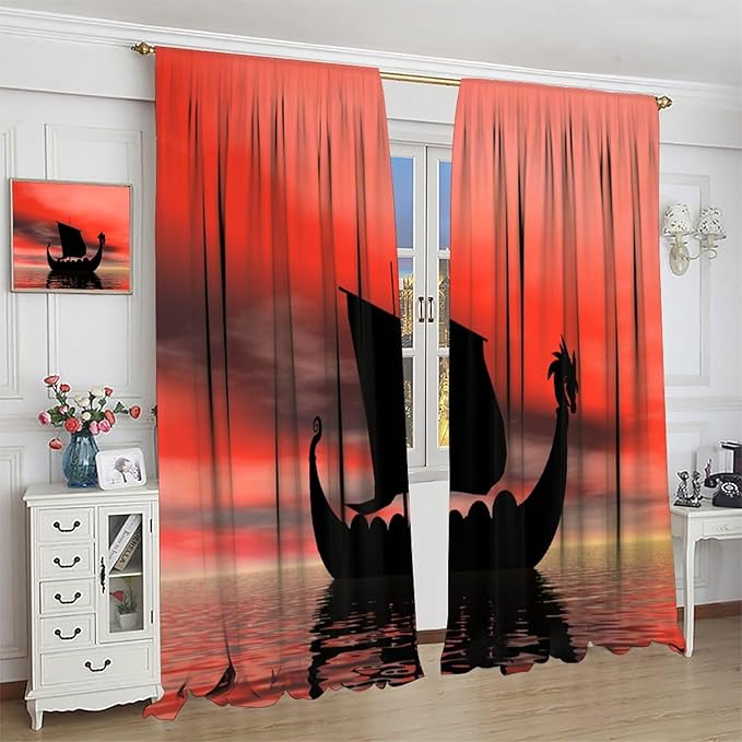 Viking Ship Curtains, Fantasy Ocean Vintage Sailboat at Sundown Nautical Themed Print Blackout Window Treatments for Boys Bedroom Living Room 52x84in