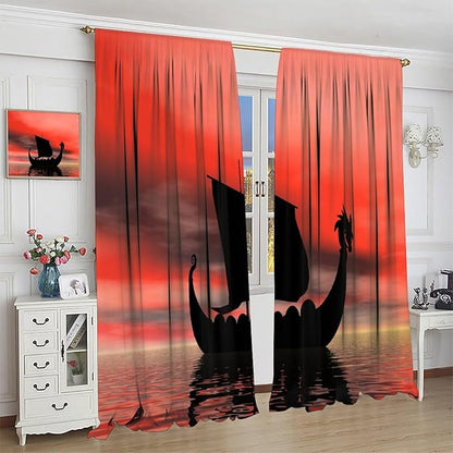 Viking Ship Curtains, Fantasy Ocean Vintage Sailboat at Sundown Nautical Themed Print Blackout Window Treatments for Boys Bedroom Living Room 42x63in