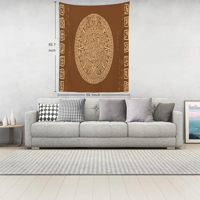 Batmerry Brown Ancient Mayan Tapestry, Calendar Wall Art Hanging Decoration Polyester Fiber White Ruffled Around for Dorm Room Bedroom Living Room, 82.7x59.1 inches