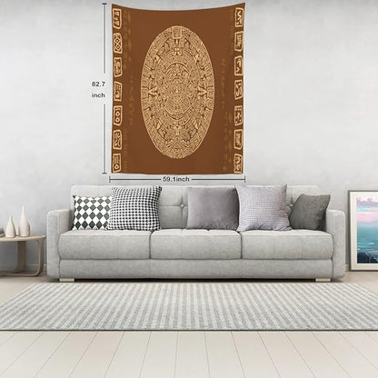 Batmerry Brown Ancient Mayan Tapestry, Calendar Wall Art Hanging Decoration Polyester Fiber White Ruffled Around for Dorm Room Bedroom Living Room, 82.7x59.1 inches