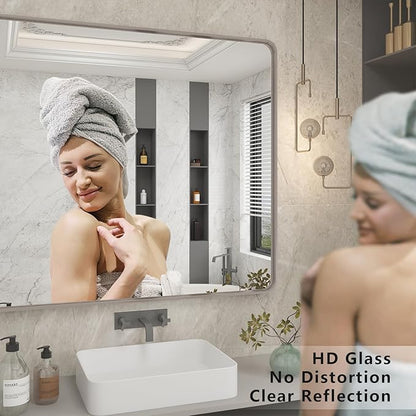 26x36 Inch Silver Bathroom Mirror for Wall, Brushed Metal Framed Bathroom Vanity Mirror, Modern Brushed Nickel Rectangle Mirror, Anti-Rust. Shatterproof (Horizontal/Vertical)
