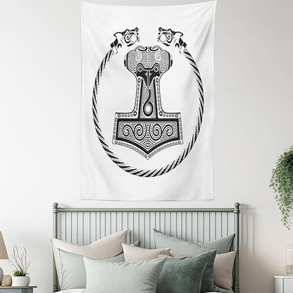 Lunarable Mjolnir Tapestry, Thor's Hammer with Scandinavian Folk Nordic Ornamental Art, Wall Hanging for Bedroom Living Room Dorm Decor, 60" X 80", White Charcoal