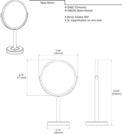 Gatco 1386SN Latitude II Minimalist Bathroom Counter Top Vanity, 3x Magnification Makeup Mirror, 12.5" Height, Satin Nickel