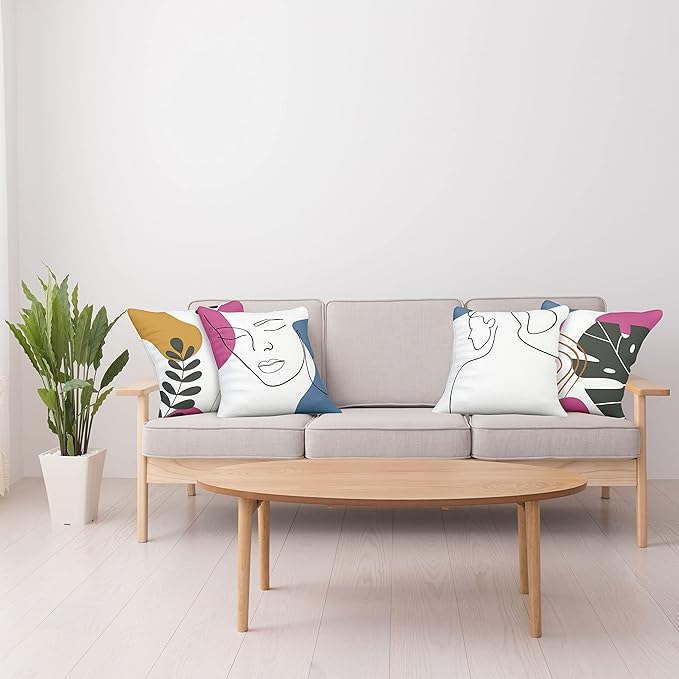 Ambesonne Minimal Throw Pillow Cushion Case Pack of 4, Modern Line Art Woman Portrait with Contemporary Leafy Geometric Details, Modern Accent Double-Sided Digital Printing, 20", Slate Blue Pink Amber