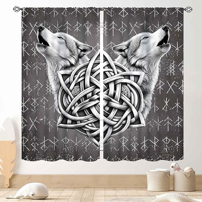 Viking Curtains, Gothic Nordic Wolf Celtic Rune Scandinavian Viking Runes Norse Mythology Aesthetic Retro Drapery for Bedroom Living Room Bathroom Window 2 Panel Set, 42"x63" Inch