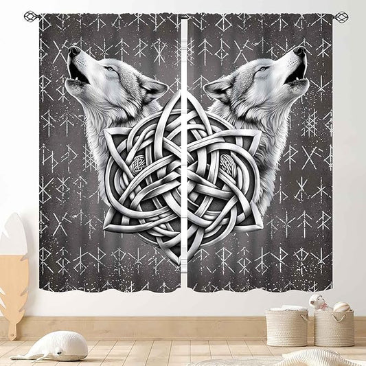 Viking Curtains, Gothic Nordic Wolf Celtic Rune Scandinavian Viking Runes Norse Mythology Aesthetic Retro Drapery for Bedroom Living Room Bathroom Window 2 Panel Set, 42"x63" Inch