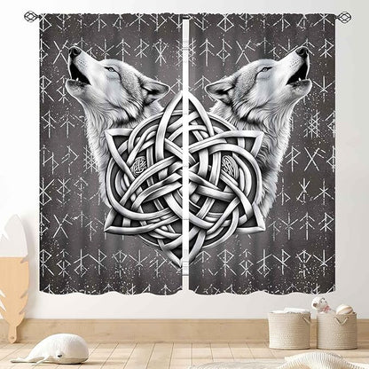 Viking Curtains, Gothic Nordic Wolf Celtic Rune Scandinavian Viking Runes Norse Mythology Aesthetic Retro Drapery for Bedroom Living Room Bathroom Window 2 Panel Set, 84"x84" Inch