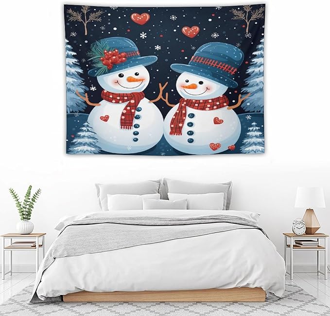 MaSiledy Tapestries Snowman Couple Tapestry Vintage Christmas Cute Snowman Tapestries for Bedroom Wall Art for Bedroom Living Room Decor Home Decor 30"x40" Xmas Wall Hanging Polyester Tapestries