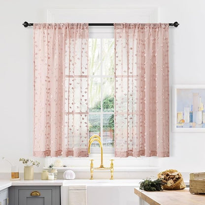 MYSKY HOME Pink Sheer Short Curtains with Pom Pom for Small Windows Dusty Rose Bedroom Nursery Kids Girls Room Curtains Cafe Kitchen Light Filtering Boho Drapes, Rod Pocket,38 x 45 Inches, 2 Panels