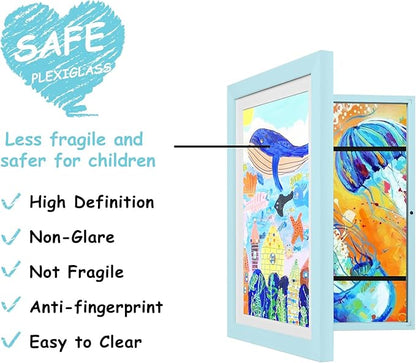 KINLINK 8.5x11 Kids Art Frames Set of 2, Solid Wood Kids Artwork Frames Changeable with Acrylic Front Opening Holds 150 Pictures, Art Frame for Kids Artwork with Mat or without Mat, Light Blue
