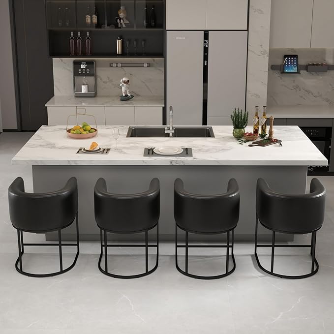 Modern Counter Height PU Leather Upholstered Bar Stools Set of 4, 24" Kitchen Counter Island Stools Bar Chairs with Black Metal Frame, Black