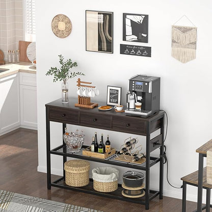 Ecoprsio 47'' Entryway Table with Outlets and USB Ports, Console Table with 3 Drawers, Sofa Table Narrow Long with Storage Shelves for Living Room, Couch, Hallway, Foyer, Black Walnut Finish