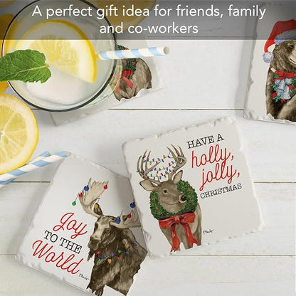 Thirstystone Merry Lodge Creatures 4 Pack Assorted Tumbled Tile Stone Coasters with Protective Cork Backing 4" Square Manufactured in The USA