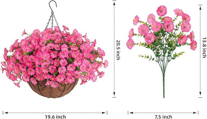 Artificial Faux Hanging Flowers Plants Baskets for Outdoors, Fake Silk Morning Glory in Planter UV Resistant Realistic Artificial Flower for Outside Porch Patio Balcony Garden Yard Home Decor