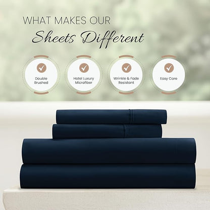 Linen Market Brushed Microfiber King Sheet Set 4 Piece – Oeko-TEX Certified Ultra Soft & Wrinkle-Free - 16" Deep Pocket Sheets - Easy Care King Size - Navy