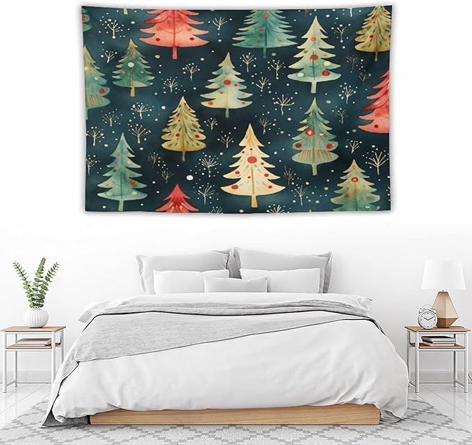Vintage Christmas Tree Watercolor Tapestry As Wall Art Hello Winter Holiday Tapestry Vintage Aesthetic Tapestries Landscape Tapestry Home Decor for Room 40"x60" Tapestries Winter Snowflake Decorative
