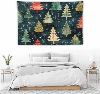 Vintage Christmas Tree Watercolor Tapestry As Wall Art Hello Winter Holiday Tapestry Vintage Aesthetic Tapestries Landscape Tapestry Home Decor for Room 40"x60" Tapestries Winter Snowflake Decorative