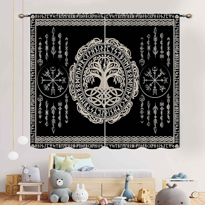Viking Curtains, Nordic Tree of Life Celtic Rune Scandinavian Gothic Norse Mythology Aesthetic Retro Drapery for Bedroom Living Room Bathroom Window 2 Panel Set, 42"x63" Inch