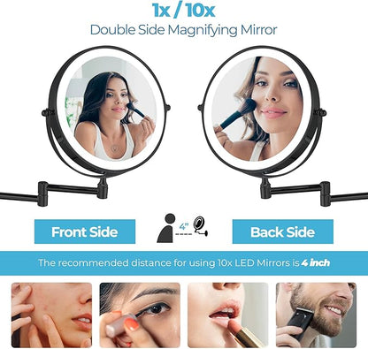 Fab Glass and Mirror Rechargeable 8" Lighted Vanity Makeup Mirror, Dual-Sided 1X/10X Magnification with 3 Color LED Touch Control, Dimmable & Rotating Wall Mounted Design (Black)