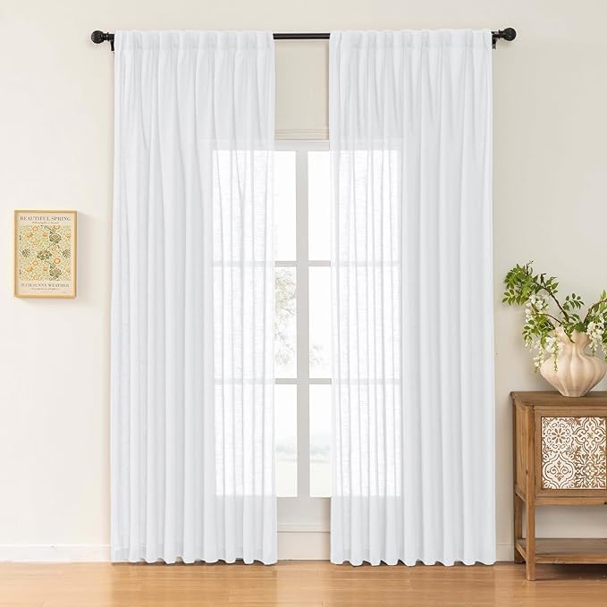 White Sheer Linen Pinch Pleated Sliding Door Curtains, 2x50 Inches Width, Cotton Look Light Filtering Drapes 90 Inches Long, Soft Textured Modern Farmhouse Window Curtain Panels