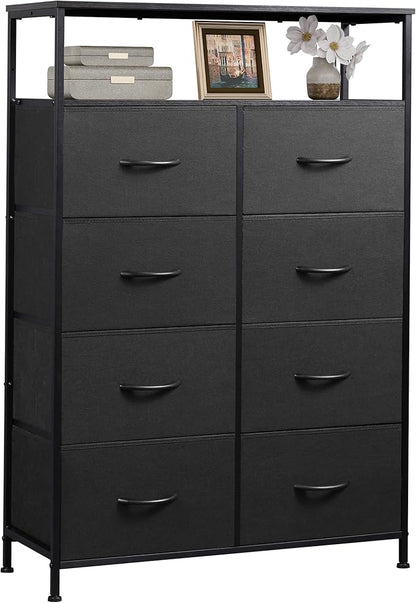 WLIVE Fabric Dresser for Bedroom with Open Shelves, Tall White Dresser with 8 Drawers, Storage Tower with Fabric Bins, Chest of Drawers for Closet, Hallway