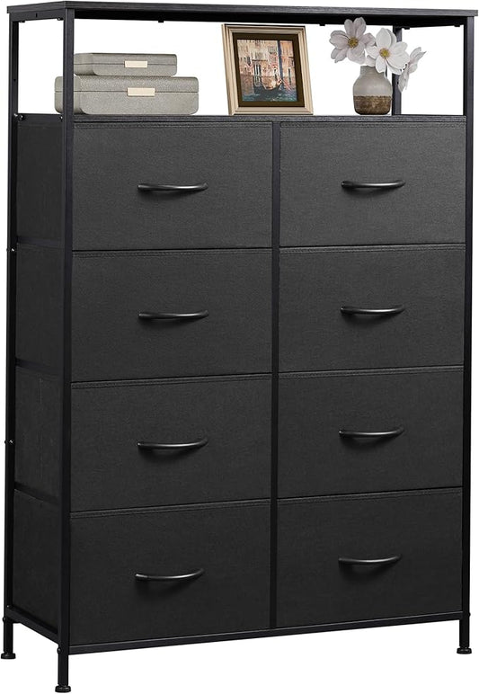 WLIVE Fabric Dresser for Bedroom with Open Shelves, Tall White Dresser with 8 Drawers, Storage Tower with Fabric Bins, Chest of Drawers for Closet, Hallway