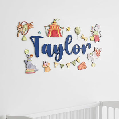 Custom Nursery Name Sign with Themed Decor Kit | Personalized Wooden Wall Art for Baby, Kids Room | Space, Jungle, Circus, Under the Sea, Woodland, Rainbow (30", Circus)