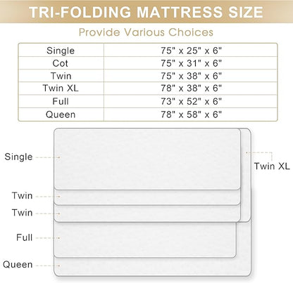 Folding Mattress, 6 Inch Memory Foam Tri-fold Mattress with Breathable & Washable Bamboo Fiber Fabric Cover, Foldable Floor Guest Bed for Camping, Road Trip, Twin