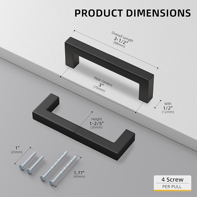 goldenwarm 150 Pack 3 Inch Black Cabinet Handles Matte Black Drawer Pulls Stainless Steel Cabinets Hardware Square Bar Modern for Kitchen Bathroom Cupboard