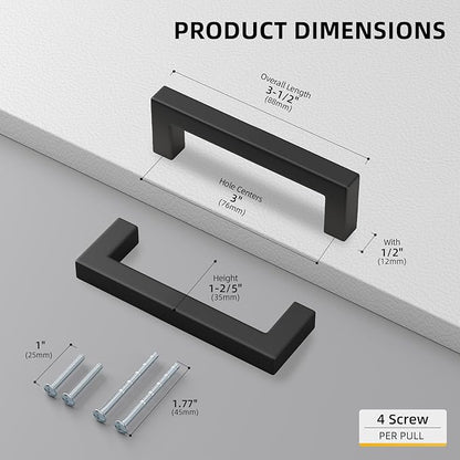 goldenwarm 15 Pack 3 Inch Black Cabinet Handles Matte Black Drawer Pulls Stainless Steel Cabinets Hardware Square Bar Modern for Kitchen Bathroom Cupboard
