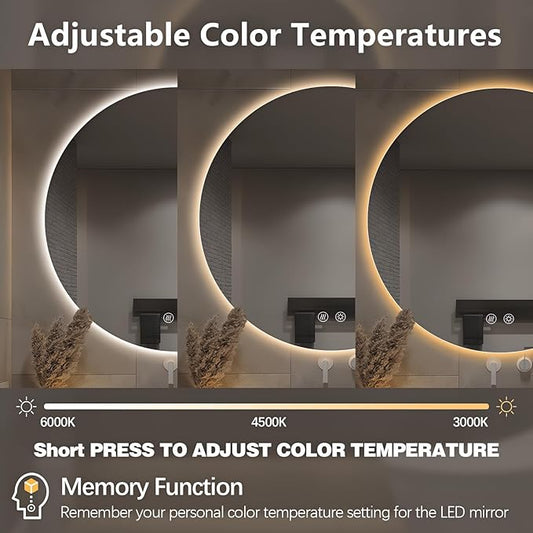 Niccy Round Led Mirror for Bathroom, 30" Circle Frameless Backlit Mirror wiht Light, Anti-Fog, 3 Colors, Waterproof, Memory Function