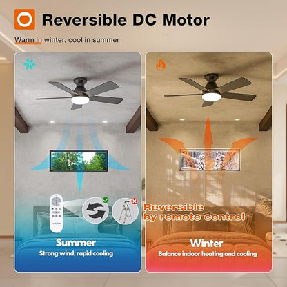addlon Ceiling Fans with Lights, 42 Inch Low Profile Ceiling Fan with Light and Remote Control, Flush Mount, Reversible, 3CCT, Dimmable, Quiet, Black Small Ceiling Fan for Bedroom Indoor/Outdoor Use