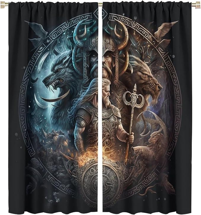 Cool Norse Viking Theme Curtains - Fantasy Ancient Symbols Wildlife Wolf Nordic Vikings Thermal Insulated Blackout Curtains - Rod Pocket Window Treatment Drapes for Bedroom 2 Panels 63L x 27.5W