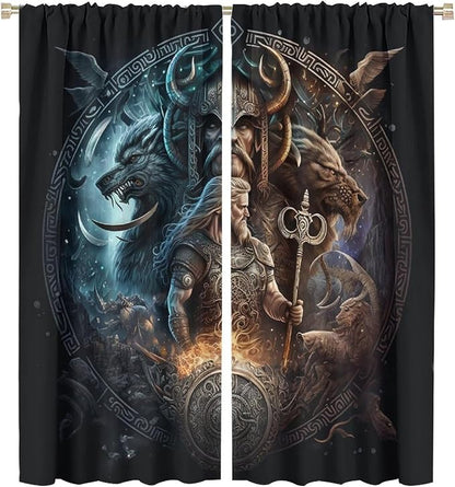 Cool Norse Viking Theme Curtains - Fantasy Ancient Symbols Wildlife Wolf Nordic Vikings Thermal Insulated Blackout Curtains - Rod Pocket Window Treatment Drapes for Bedroom 2 Panels 63L x 27.5W