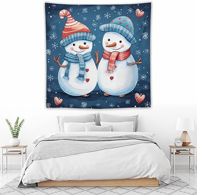 MaSiledy Tapestry Snowman Couple Vintage Aesthetic Tapestry Wall Hanging Christmas Snowman Tapestry As Wall Art Wall Hanging Decor Home Decoration for Bedroom Living Room Dorm Landscape 60"x60"