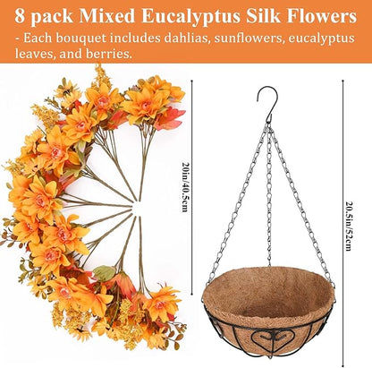 Waipfaru Artificial Fake Fall Hanging Mums Plants Flowers Basket for Outdoor, Faux Mums Floral Hanging Plant in Hang Planter Look Real UV Resistant for Porch Patio Balcony Yard Outdoor Decor (1Pcs)