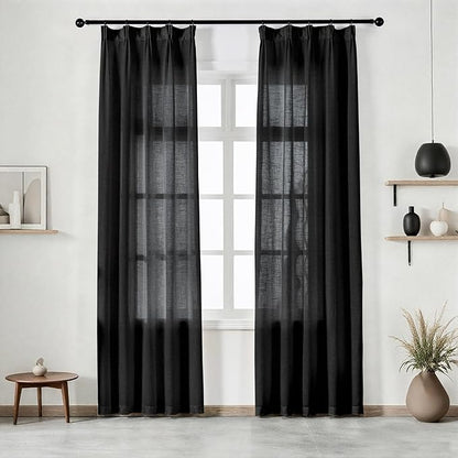 Black Curtains Semi Sheer 102 Inch Long, Linen Textured Light Filtering Drapes for Living Room, Dark Moody Modern Farmhouse Window Decor, Floor to Ceiling Pinch Pleat Curtain with Hooks
