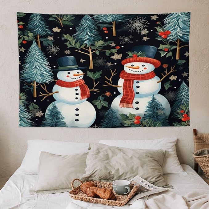 MaSiledy Wall Tapestry Snowman Couple Tapestry Hello Winter Snowman Wall Art Tapestry for Bedroom Aesthetic Wall Art for Bedroom Wall Hanging for Room 40"x60" Xmas Wall Hanging Polyester Tapestries
