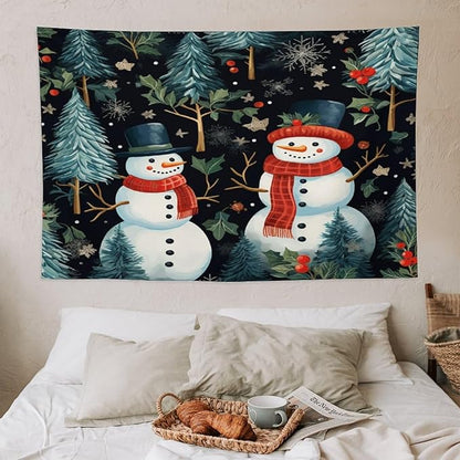 MaSiledy Wall Tapestry Snowman Couple Tapestry Hello Winter Snowman Wall Art Tapestry for Bedroom Aesthetic Wall Art for Bedroom Wall Hanging for Room 40"x60" Xmas Wall Hanging Polyester Tapestries